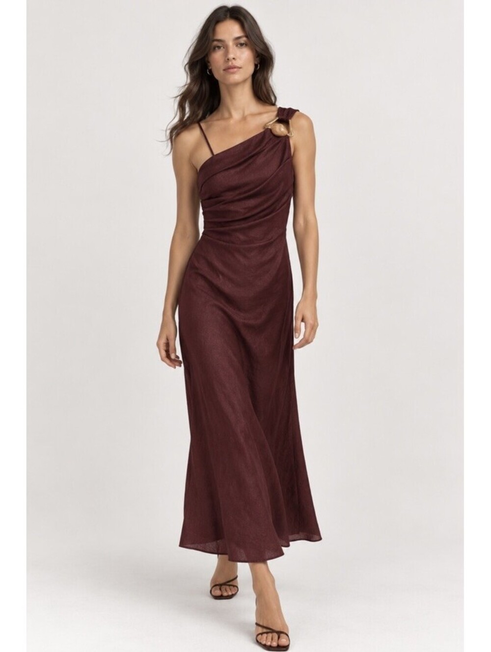 Zara Asymmetric 100% Linen Midi Dress Size S Eggplant Burgundy  Gold Hardware